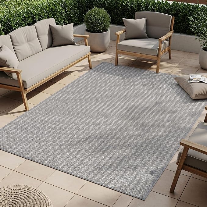 Washable Outdoor Rug 9x12 Modern Area Rugs Outdoor Carpets Striped Pattern Non Shedding Waterproof Easy Clean Patio Deck Porch Living Room Bedroom Garden RV (9 X 12 Gray)