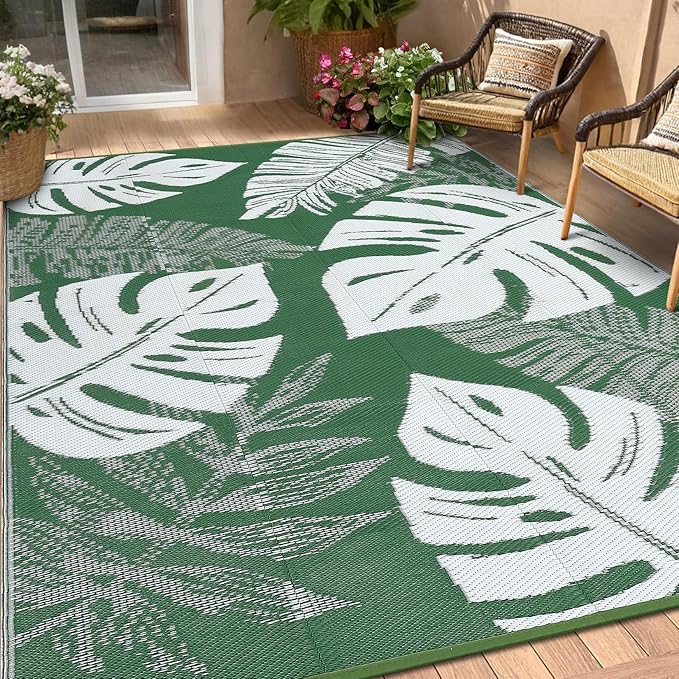9x12 Outdoor Rug Waterproof Foldable Plastic Straw Carpet for Patio Porch Modern Leaf Print Reversible Mat Lightweight Floor Mat for Picnic, Backyard, Rv, Deck, Camper, Balcony，Green/White