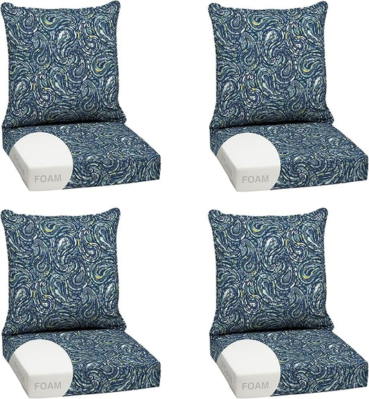Arden earthFIBER Outdoor Foam Deep Seat Cushion (4-Pack), 24x24, Premium High-Density Foam, Never Flattens, Weather-Proof for Patio Chair Sofa Couch, Sapphire Blue Ridge Paisley