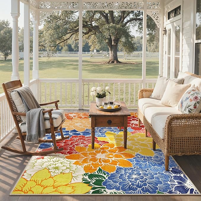 GENIMO Indoor Outdoor Area Rug 9'x12', Machine Washable Rugs for Patio, Waterproof, Non-Slip Easy Cleaning Floral Outdoor Mat Carpet for Living Room, Bedroom, RV, Balcony, Deck, Camping, Colorful