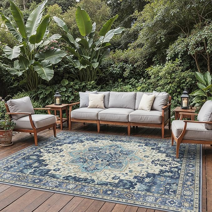 GENIMO Outdoor & Indoor Area Rug 9'x12', Waterproof, Non-Shedding, Easy Cleaning, Boho Mat for Patio, Living Room, Balcony, Dining Room, RV, Deck, Bedroom, Camping, Outside Carpet,Center Blue