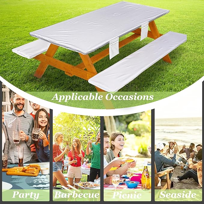 Picnic Table Cover with Bench Covers Vinyl Elastic Edges Fitted Rectangle Seat Tables Waterproof 3-Piece96X30in Set Outdoor Rectangular Folding Backing Tablecloth for Camping Over Size