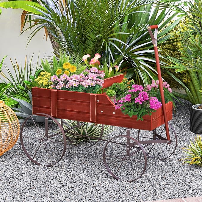 HAPPYGRILL Wooden Wagon Planter, 24.5” x 13.5” x 24” Decorative Garden Planter w/ 2 Planting Sections, Wheels, Handle, Small Decorated Cart, Flower Planter Box for Indoor Outdoor Patio (Red)