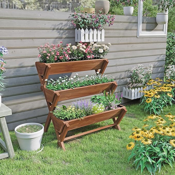 3 Tier Vertical Garden Planter,Raised Garden Bed,Planter Box,Fir Wood Freestanding Elevated Herb Stand Tower,Flower Strawberry Vegetable with Drain Holes,35x22x36 Inches, for Outdoor,Brown