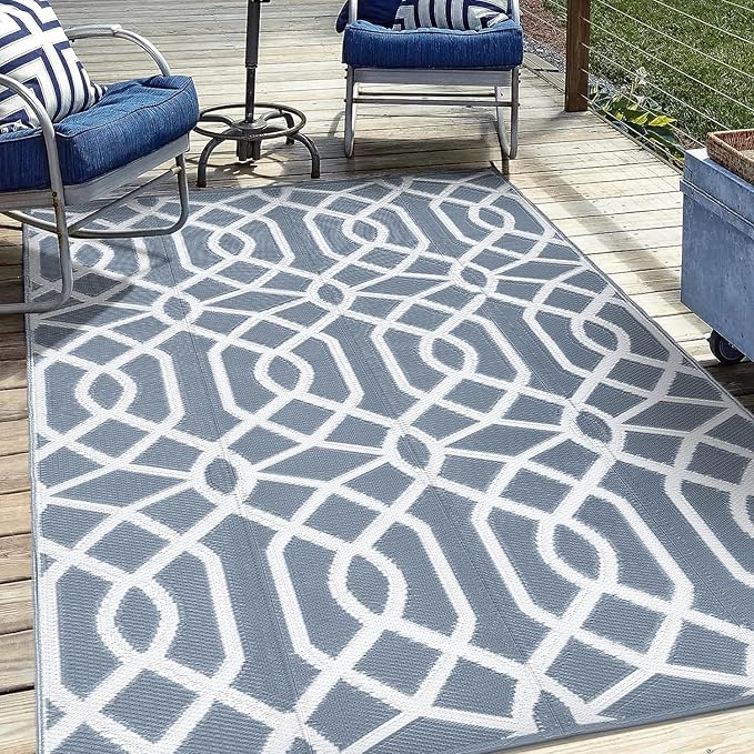 wikiwiki Outdoor Rug, 9x18ft Waterproof Reversible Mat Indoor Outdoor Rugs Carpet, Small Area Rug Plastic Straw Rug for Patio Deck Balcony Pool RV Camping Beach Picnic, Grey, Rugscape Series