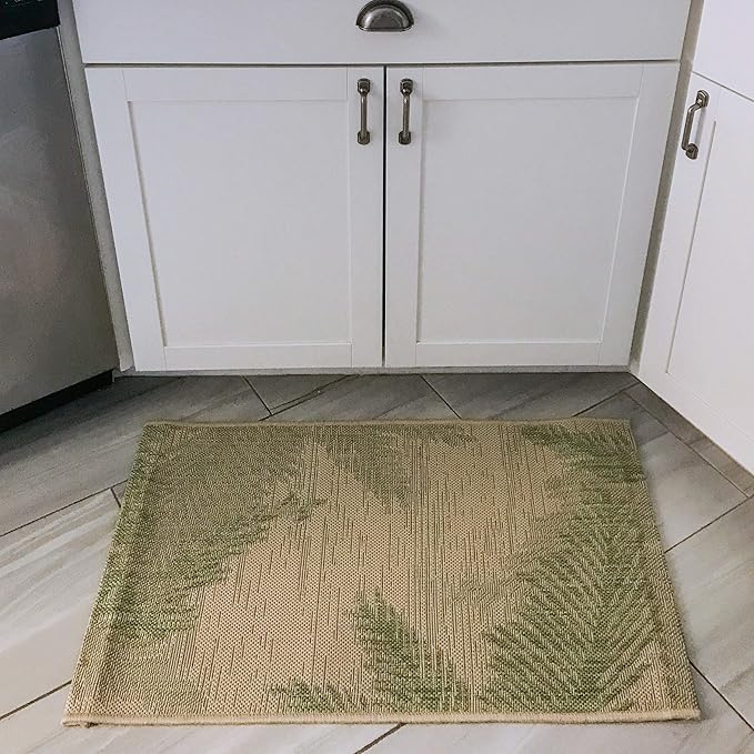 LR Home 2x3 Indoor/Outdoor Area Rug for Home Decor | Coastal Palm Leaf Carpet for Living Room, Bedroom, Playroom, Patio, Garden | Modern Farmhouse Rug | Green/Beige