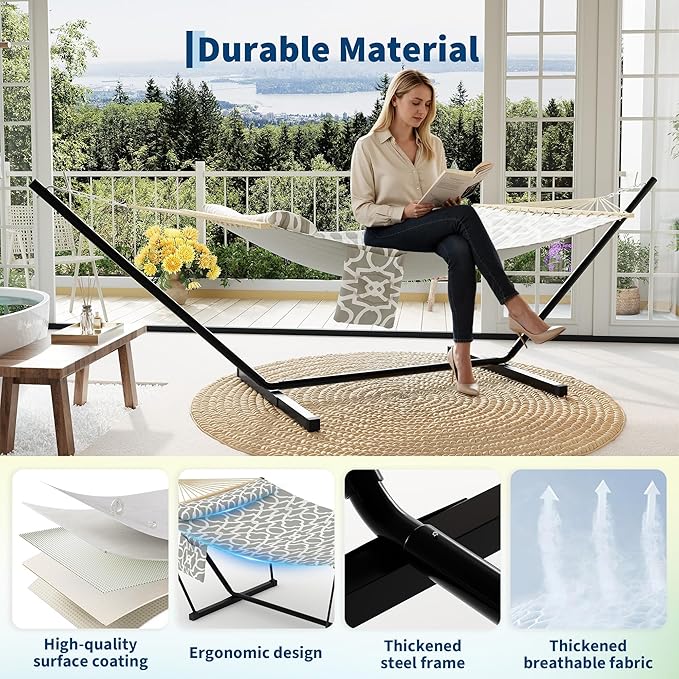 GarveeLife Outdoor Double Hammock with Heavy Duty Adjustable Steel Stand, Portable 2 Person Hammock for Patio Garden Beach Backyard