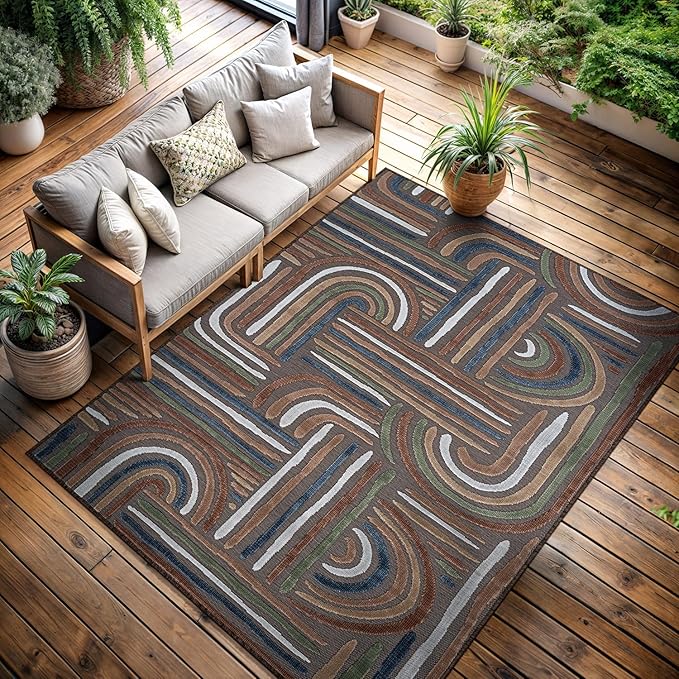 CAMILSON Indoor Outdoor Rug, Brown 9x12 Geometric Arch Striped Large Area Rugs for Patio and Home Areas, Easy-Cleaning Non-Shedding Living Room, Garden and Deck Washable Outside Carpet (9 x 12)