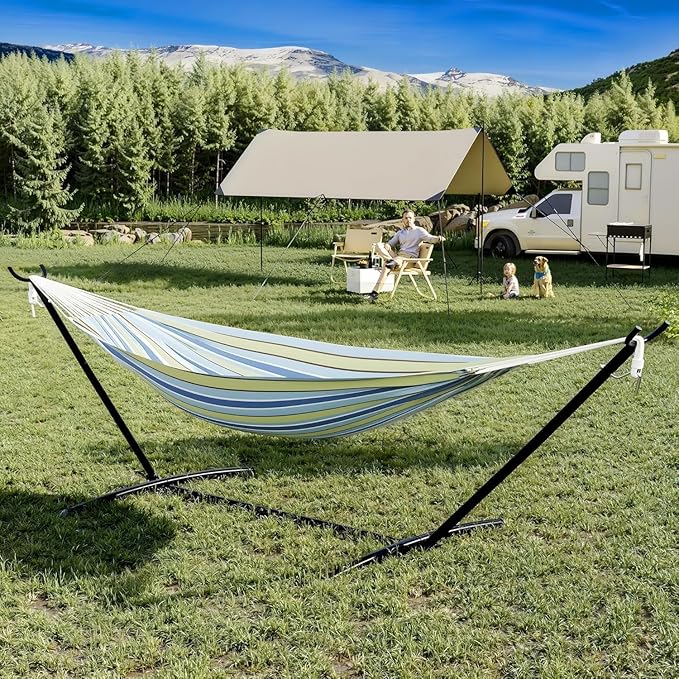 Double Hammock with Stand, 2 Person Portable Foldable Outdoor Hammock, 450lb Capacity Heavy-Duty Hammock for Garden, Patio, Backyard, Blue and Green Stripes