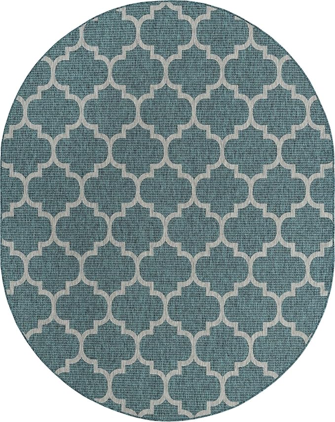 Unique Loom Outdoor Trellis Collection Area Rug (7' 10" x 10' Oval, Teal/ Gray)