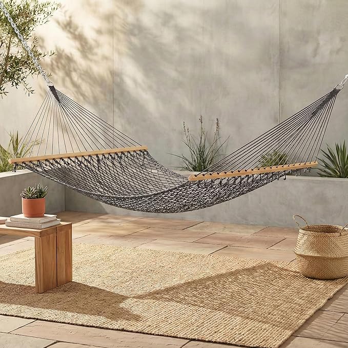 Fab Habitat 12-14 ft Adjustable Quick Dry Recycled Polyester Rope Hammock, Fade Resistant, 2 Person Indoor/Outdoor (460lbs Capacity) for Patio, Poolside, Backyard, Garden, Balcony, Miami - Charcoal