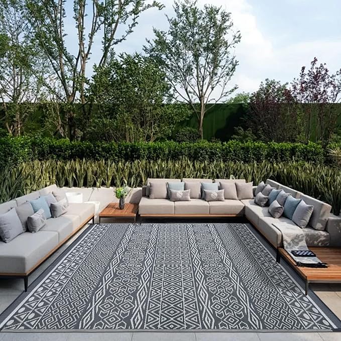SAND MINE Reversible Mat, Indoor Outdoor Rug Carpet, Reversible Patio Rug, RV Camping Rug, Plastic Straw Rug, Large Floor Mat for RV, Patio, Backyard, Deck, Picnic, Camping, Grey & White, 6' x 9'