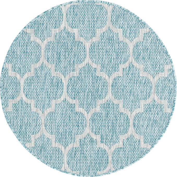 Unique Loom Trellis Collection Area Rug-Lattice Design, Moroccan Inspired for Indoor/Outdoor Décor, 3 ft 3 in x 3 ft 3 in Round, Aquamarine/Gray