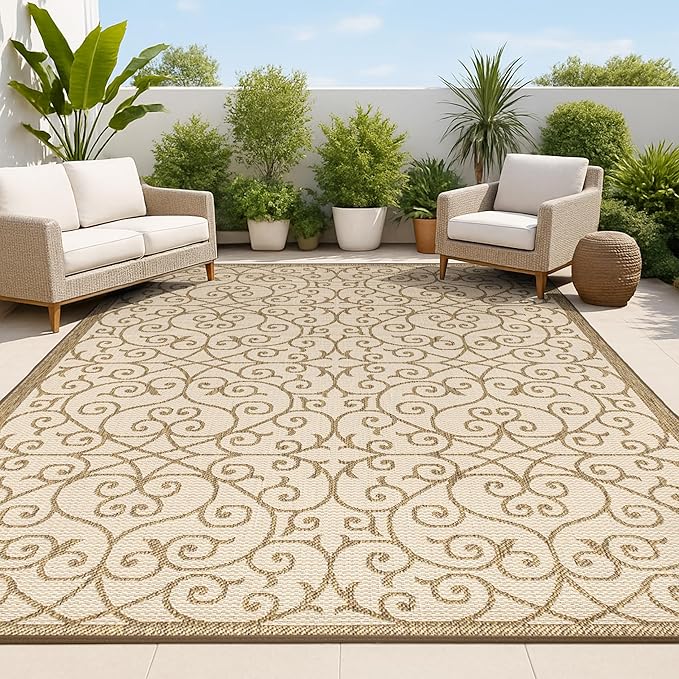 JONATHAN Y Vintage Filigree Indoor Outdoor Area Rug 6X9 Beige/Brown, Madrid Textured Weave for Backyard, Patio, Porch, Easy-Cleaning, High Traffic, Pet-Friendly, Non-Shedding (SMB107B-6)