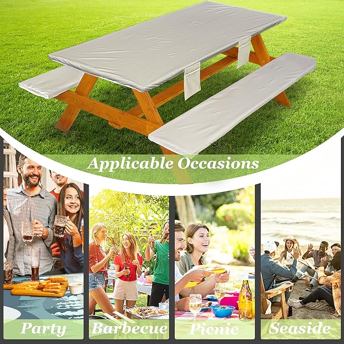 Picnic Table Cover with Bench Covers Vinyl Elastic Edges Fitted Rectangle Seat Tables Waterproof 3-Piece72X30in Set Outdoor Rectangular Folding Backing Tablecloth for Camping Over Size