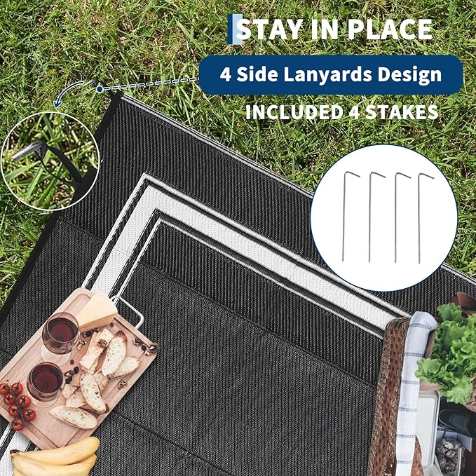 COZYLOOM Outdoor Plastic Straw Rug 9x12 UV Resistant Waterproof Patio Rug, Reversible RV Camping Mat with Portable Bag & 4 Stakes, Modern Bordered Indoor Outdoor Rugs for Balcony Deck Yard, Black