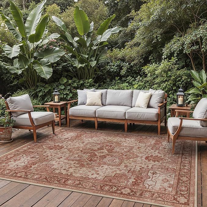 GENIMO Outdoor & Indoor Area Rug 8'x10', Waterproof, Non-Shedding, Easy Cleaning, Boho Mat for Patio, Living Room, Balcony, Dining Room, RV, Deck, Bedroom, Camping, Outside Carpet,Brown Red