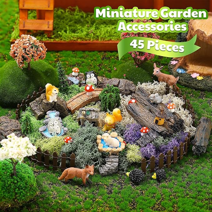 Chunful 45 Pcs Fairy Garden Accessories Miniature Garden Figurines Tiny Resin Animals Forest Kit Pool Bridge Fence Pond Mushroom for Dollhouse Potted Plant Bonsai Terrarium Decor