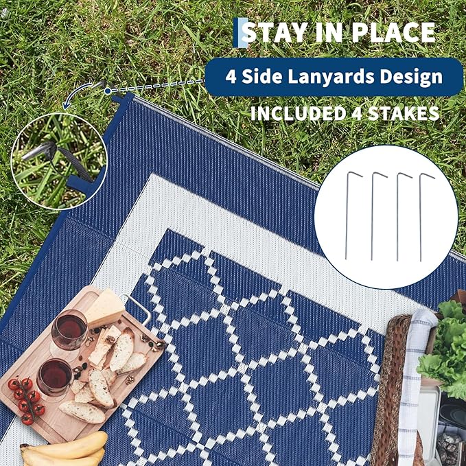 COZYLOOM Outdoor Plastic Straw Rug 9x12 Reversible Waterproof Outdoor Rug for Patio, Large Modern Boho Carpet, RV Mat for Deck, Balcony, Camping, Beach, Picnic, Navy&White