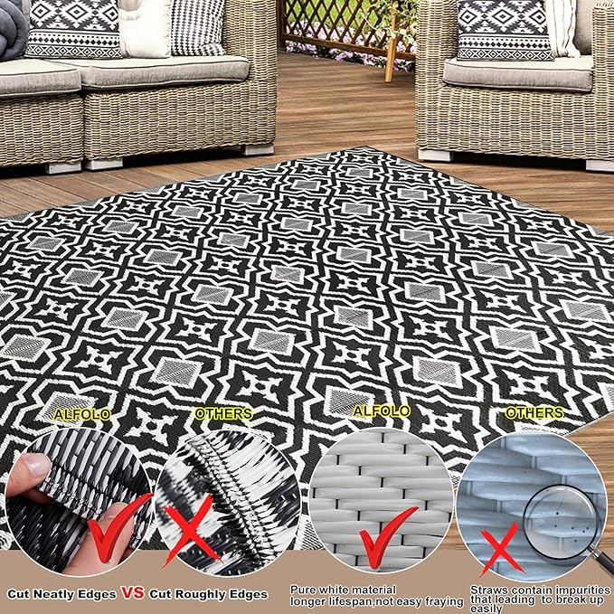 Outdoor Rug 9x18 Waterproof Large Outdoor Rug Camping Rug Reversible Rv Mats Black Gray Outdoor Plastic Straw Rug Tightly Woven Rugs Clean Easily Large Patio Mat for RV, Deck, Camping Rv Essentials