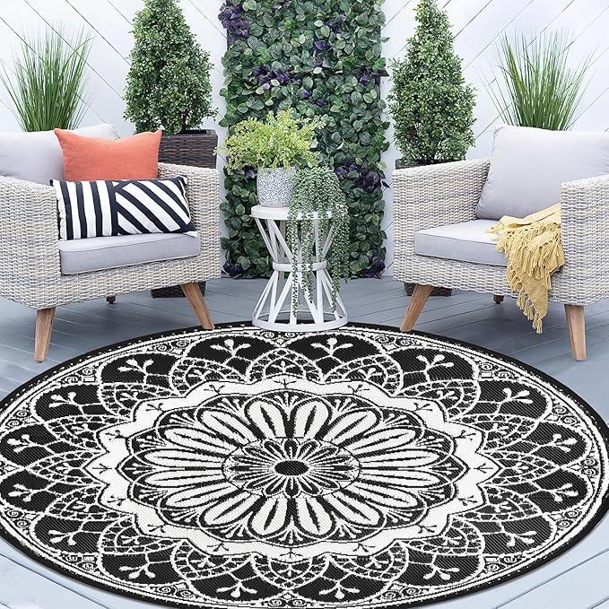 Cekene Round Outdoor Rugs 6Ft Reversible Patio Rugs Lightweight Plastic Straw Rug Portable RV Camping Mat Waterproof Area Rug for Patio Deck Porch Picnic Beach BBQ Garden