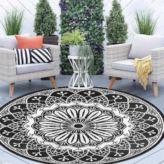 Cekene Round Outdoor Rugs 6Ft Reversible Patio Rugs Lightweight Plastic Straw Rug Portable RV Camping Mat Waterproof Area Rug for Patio Deck Porch Picnic Beach BBQ Garden