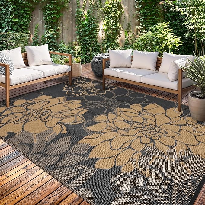 Waterproof Plastic Straw Rug 8x10 Reversible Outdoor Rug, Weather Resistant Outside Carpet, Portable RV Camping Mat with Carry Bag & Stakes for Patio Porch Garden Yard, Brown