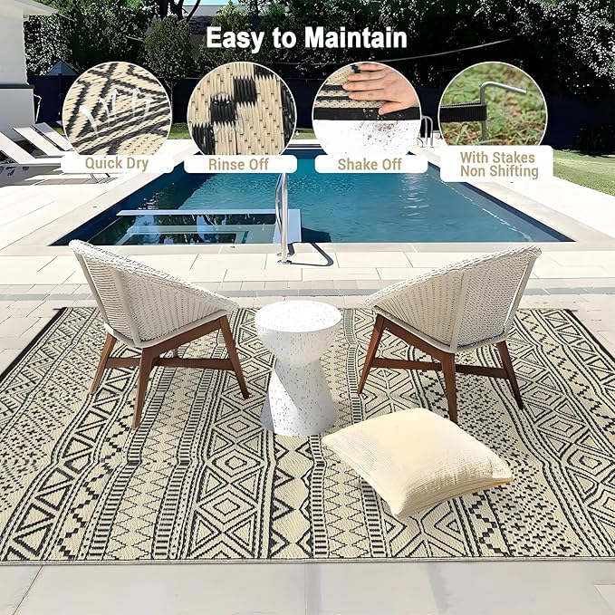 GarveeLife Outdoor Rugs 6x9 Waterproof Plastic Straw Rug, UV Resistant Rug Foldable Carpet Portable Lightweight Outdoor Mat for Backyard, Balcony, Garden, Camping, Black & Coffee