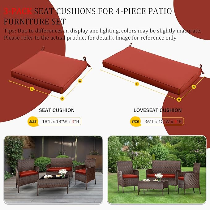 3 Pack Outdoor Replacement Cushions, Fit for 4-Seater Wicker Rattan Patio Conversation Set, 36x18x3,18x18x3, Liner & Cover