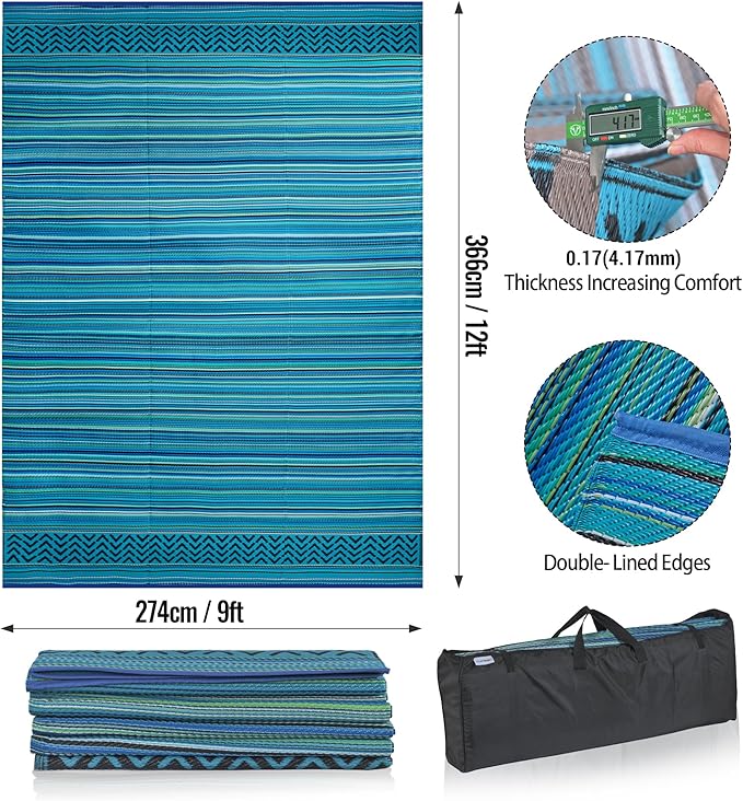 Reversible Outdoor/Indoor Plastic Rug Plastic Straw Rug Waterproof Portable Mat, Easy to Clean and Fold,Perfect for Garden, Patio, Picnic, Decking-（Sky Blue,9x12Ft）