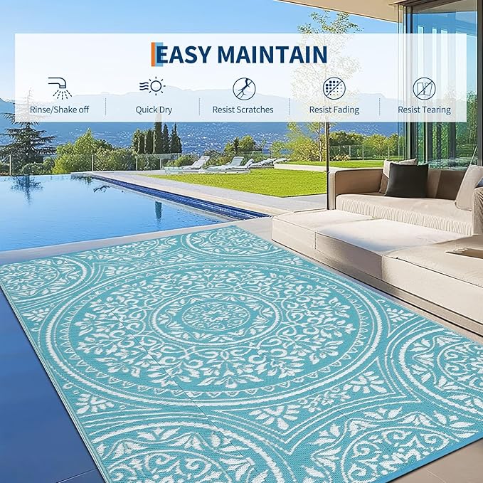 Waterproof Plastic Straw Outdoor Rug 9x18 Patio Reversible UV Resistant Foldable Camping Carpet Boho Floral Large Outdoor Rugs for Deck, Picnic, Porch, Camper, Balcony, Beach，Light Blue