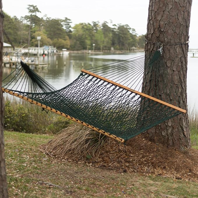 Original Pawleys Island Deluxe Green DuraCord Rope Hammock – 13 ft. x 65 in, 2-Person, 450 lb Capacity, Oak Spreader Bar, Zinc-Plated Hardware, Handcrafted in The USA