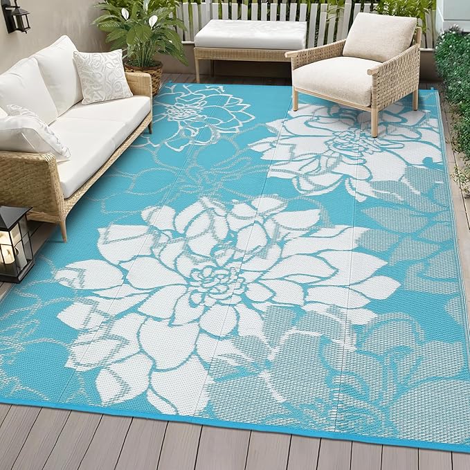 COZYLOOM Outdoor Plastic Straw Rug 9x12 UV Resistant Waterproof Patio Rug, Reversible RV Camping Mat with Portable Bag & 4 Stakes, Modern Floral Outdoor Carpet for Balcony Deck Yard, Light Blue