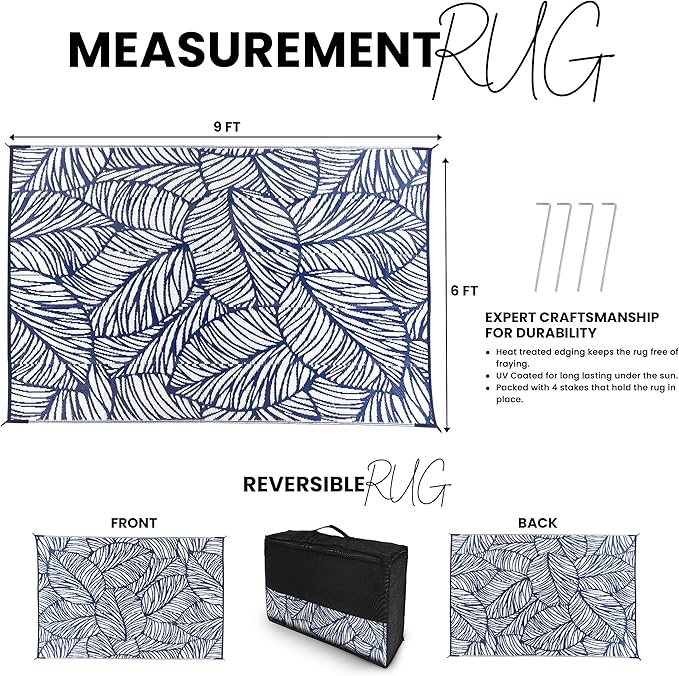 Utopia Home Waterproof Outdoor Rug for Patio 6 x 9 ft, Reversible Plastic Straw Mat for Camping, Picnics, Balcony, Patio, Leaves - Navy & White