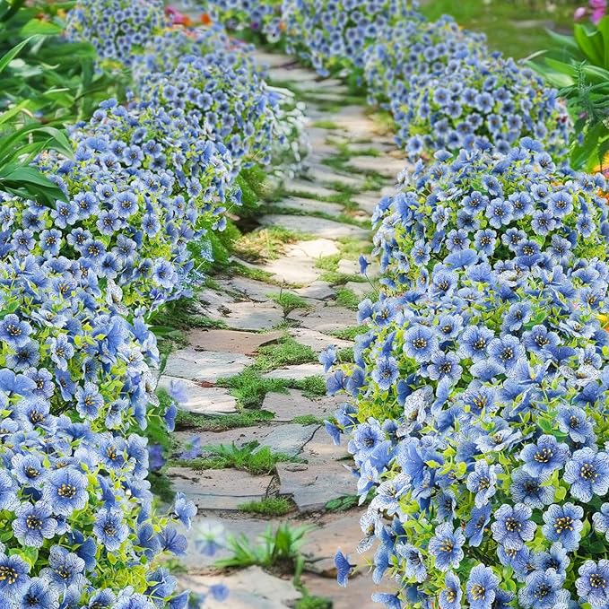 Artificial Flowers Outdoor Faux Plants UV Resistant Fake Patio Flowers Plastic Greenery Plnats Outside Bulk for Spring Garden Hanging Planter Home Vase Decor, 24 Bundles (Blue)