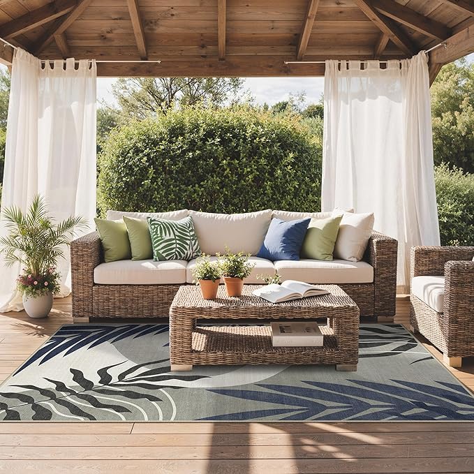 GENIMO Outdoor & Indoor Area Rug 5'x8', Waterproof, Non-Shedding, Easy Cleaning, Leaf Mat for Patio, Living Room, Balcony, Dining Room, RV, Deck, Bedroom, Camping, Outside Carpet, Blue Grey