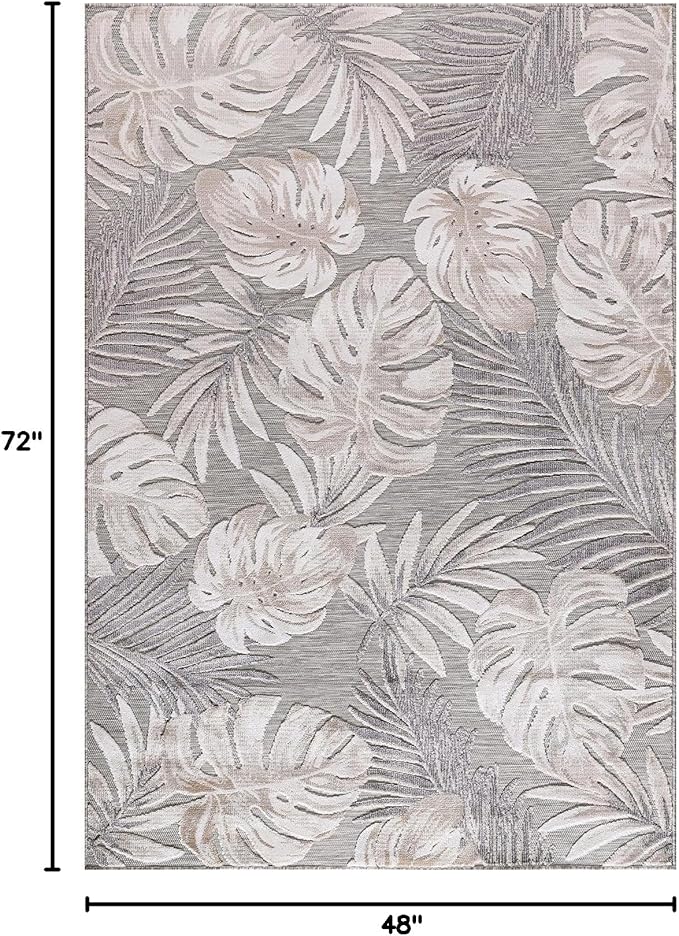 CAMILSON Indoor Outdoor Rug, Beige 4x6 Leaf Tropical Botanical Area Rugs for Indoor and Outdoor patios, Easy-Cleaning Non-Shedding Living Room, Garden and Kitchen Washable Outside Carpet (4 x 6)