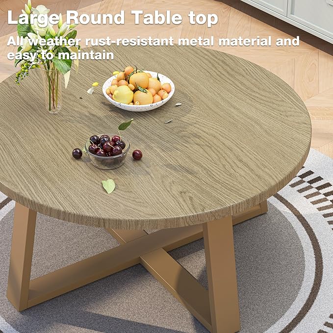 Indoor Round Coffee Table with 35.5” Woodgrain Finish Table Top, Outdoor Metal Modern Side Table 125lbs for Backyard Porch Balcony Living Room, Brown