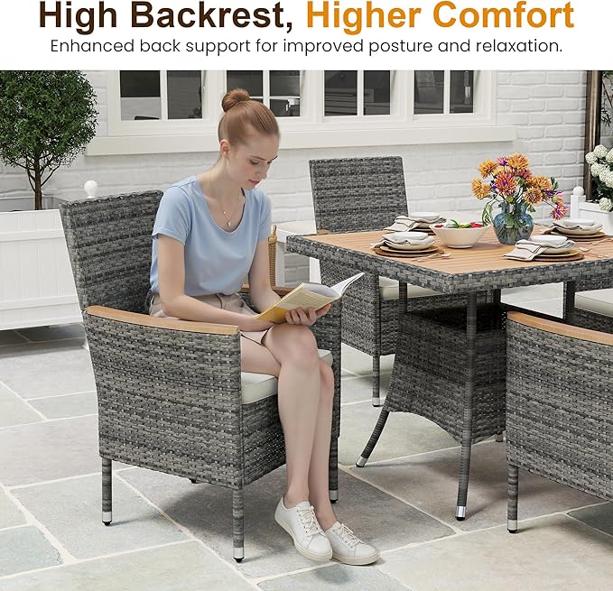 Wisteria Lane 10-Pieces Outdoor Patio Table and Chairs, Rattan Patio Table Set with Acacia Wood Tabletop, Patio Dining Furniture Set for 8 with Removable Cushions for Deck Garden Backyard, Grey