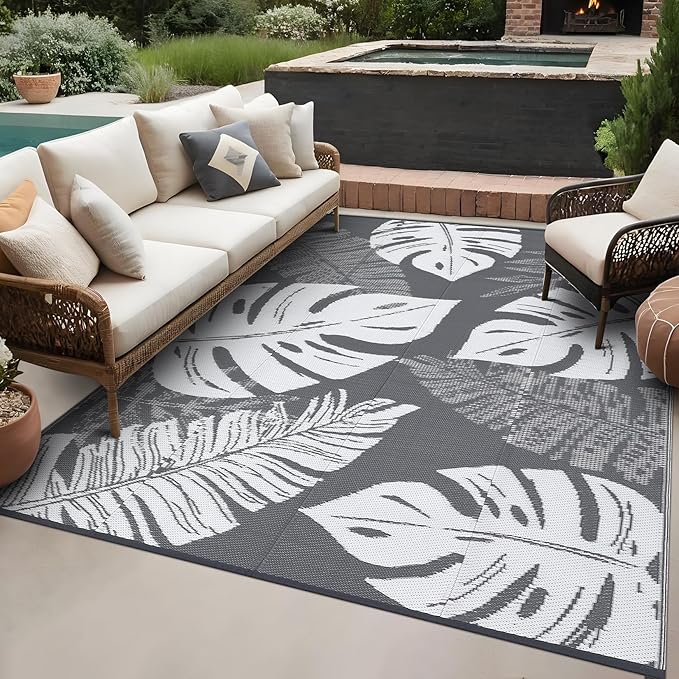 Outdoor Rug 8x10 Waterproof Patio Rugs Modern Leaf Print Reversible Mat for Front Door Rv Foldable Plastic Straw Carpet for Travel Trailers, Deck, Porch, Camper, Balcony, Beach，Grey/White