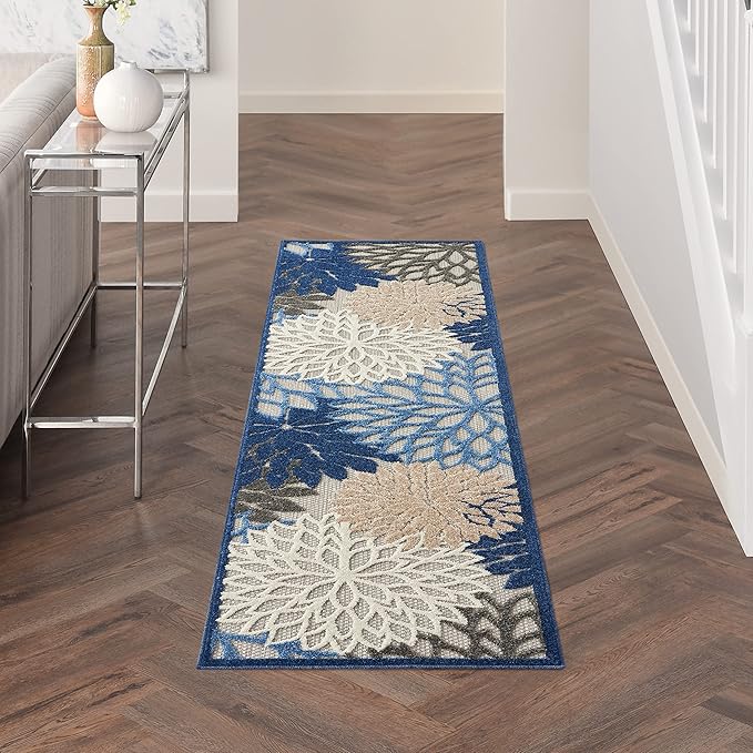 Nourison Home Aloha Indoor/Outdoor Blue/Multicolor 2'3" x 8' Area Rug, Tropical, Botanical, Easy Cleaning, Non Shedding, Bed Room, Living Room, Dining Room, Deck, Backyard, Patio (2x8)