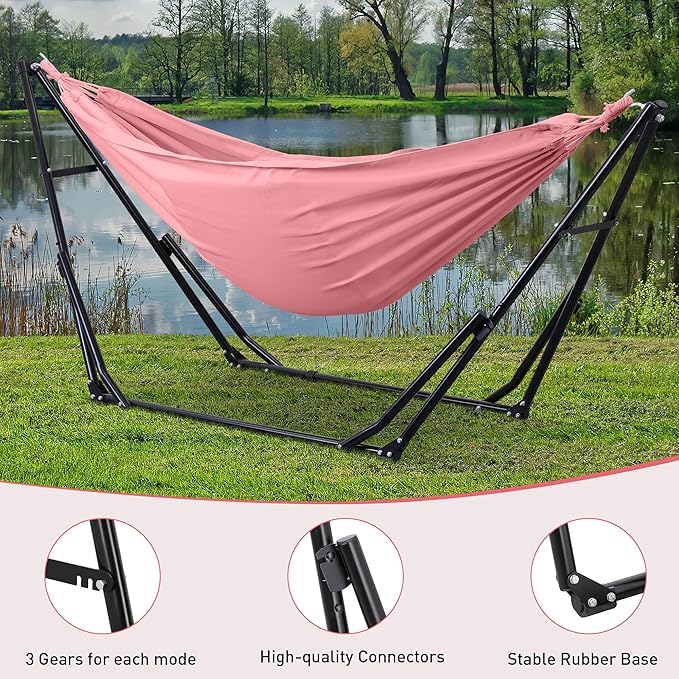 Ainfox Hammock with Foldable Stand, 2 in 1 Hammock and Swinging Chair with Carrying Bag, Portable Camping Chair Suitable for Outside, Swing,Patio,Garden,Camping Trip Pink