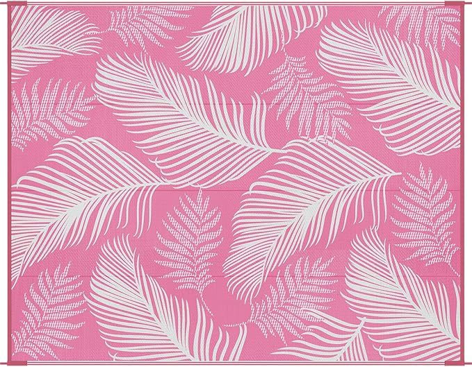 Pauwer Waterproof Outdoor Rug 8x10, Reversible Plastic Straw Patio Camping Rug, Indoor Outdoor RV Mat Carpet for Deck, Camper, Porch, Balcony, Backyard, Picnic, Leaf Pink