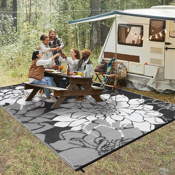 COZYLOOM Outdoor Plastic Straw Rug 8x10 Outdoor Patio Rug Waterproof Reversible UV Resistant Camping Mat, Foldable Lightweight RV Picnic Mat with Portable Bag, Modern Flower Carpet for Yard Porch Deck