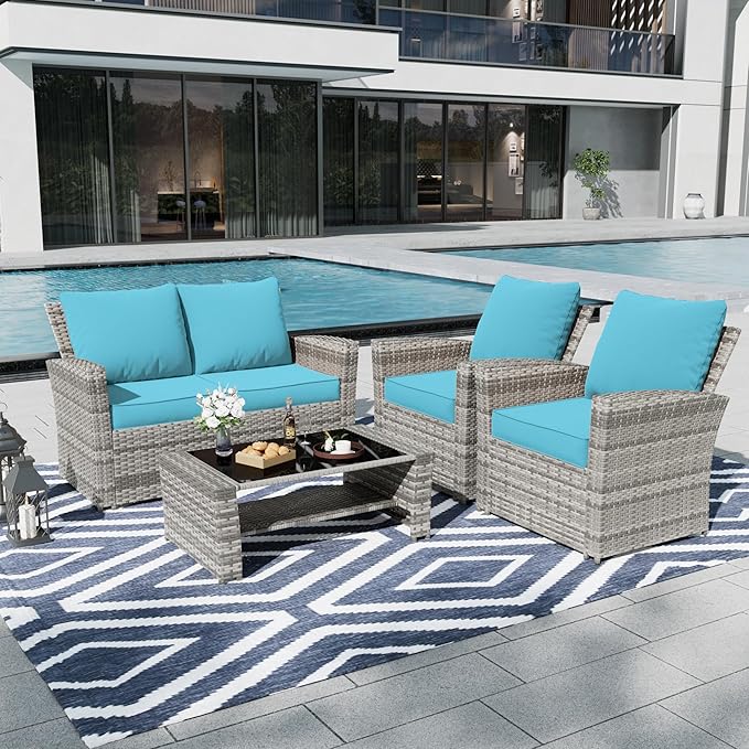 Amopatio Outdoor Cushions for Patio Furniture, Outdoor Chair Cushions Fits 8-seat Sectional Conversation Sets, Patio Replacement Seat Cushion for Patio Chairs (Sky Blue)