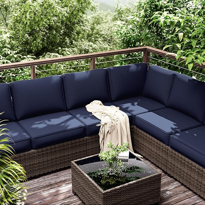 Outdoor Furniture Replacement Cushions, 5" Foam Foam High-Density, Fits 6-seat Sectional Rattan Conversation Set, 14 Piece Patio Water-Resistant Replacement Sofa Cushions, Liner&Cover