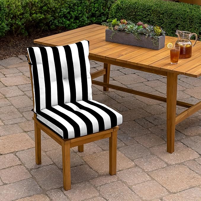 Arden Outdoor Plush Modern Tufted Blowfill Dining Chair Cushion, 21 x 40, Rain-Proof, Fade Resistant, Tufted Cushion for Dining and Bistro Chairs Black Cabana Stripe