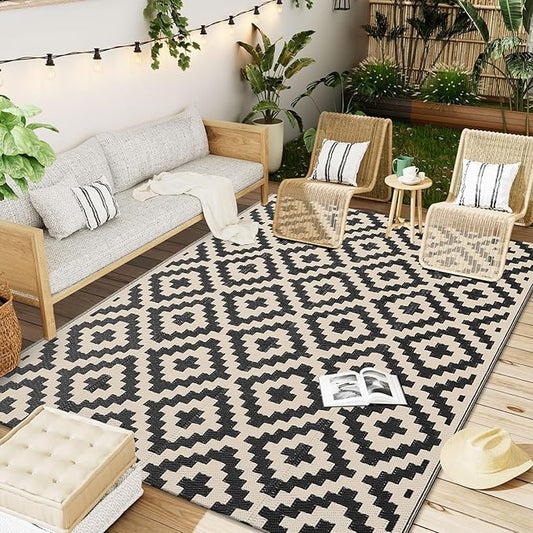 OLANLY Waterproof Outdoor Rug 5x8 ft, Outdoor Plastic Straw Rug for Camping, RV Mat Outside, Outdoor Carpet for Porch, Deck, Backyard, Balcony, Picnic, Black & Beige