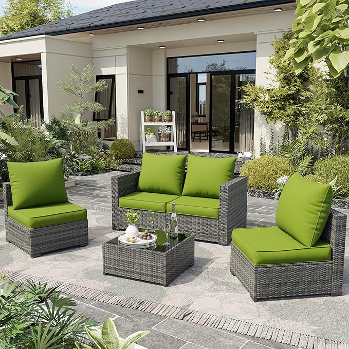 Amopatio Outdoor Chair Cushions 22.5"× 20.3" × 4", Set of 4 with Removable Cover, Waterproof & Fade Resistant seat Cushions for Patio Furniture, Grass Green