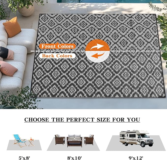 Wallona Outdoor Rugs 8x10 ft Patio Waterproof Clearance Indoor Outdoor Large Carpet for Patio Plastic Straw Reversible Area Rugs Mat for RV, Camping, Balcony, Beach, Picnic, Porch, Brick Black & Grey